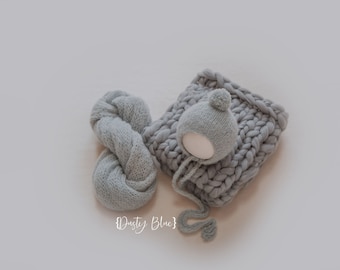 Set Dusty Blue  Chunky blanket Fuzzy wrap bonnet extra long newborn photography baby