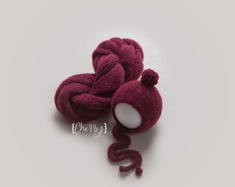 Ready to ship - New! Brushed wrap bonnet set - Pom detachable Cherry  Fuzzy  Newborn Baby Boy Girl Photo prop