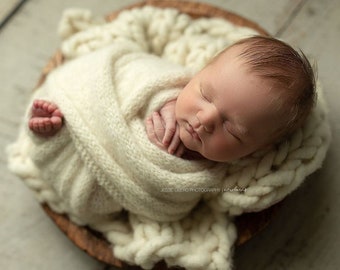 Ready to Ship Big Stitch  Baby Handspun Alpaca Blanket Photo prop - Ivory  - newborn Basket filler - Toddler Portrait- Spring Prop