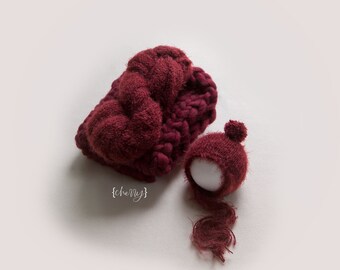 propSet Pom Cherry  Chunky blanket wrap bonnet extra long newborn photography baby
