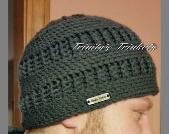 Men's Knit-Look Crochet Pattern Beanie Hat Cobalt Cables Cap