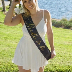 Bride to be Bachelorette Party Black Satin Sash / Gold Lettering / Customize-able / Party Favor / Bridal Shower / Gift