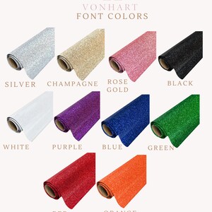 Puede incluir: Un gr&aacute;fico que muestra 10 colores de purpurina diferentes para opciones de fuente. Los colores son: plata, champ&aacute;n, oro rosa, negro, blanco, morado, azul, verde, rojo y naranja.