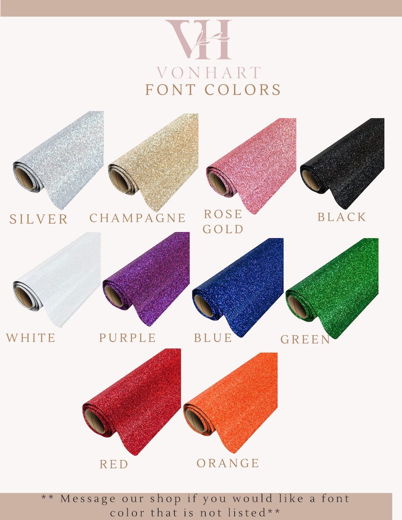 Puede incluir: Un gr&aacute;fico que muestra 10 colores de purpurina diferentes para opciones de fuente. Los colores son: plata, champ&aacute;n, oro rosa, negro, blanco, morado, azul, verde, rojo y naranja.