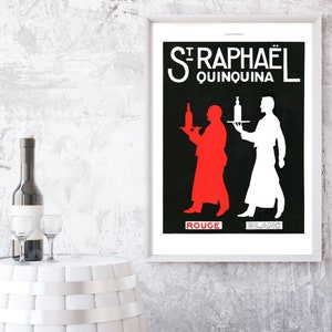 St. Raphael aperitivo vino revista francesa ad cartel publicitario vintage, cartel de bebida de silueta en negro y rojo, decoración original de bar art deco