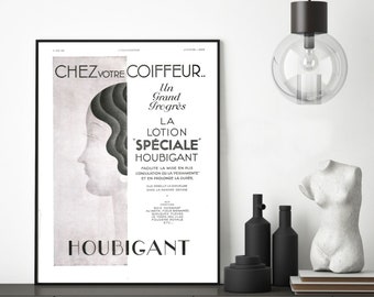 Houbigant hair lotion vintage advertising poster. Cosmetics French magazine ad for framing.