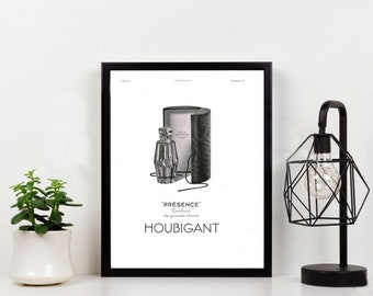 Presence perfume by Houbigant minimalist vintage poster. French magazine tear sheet advertising, wall art decor illustration print.