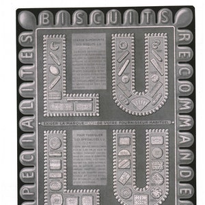 Afiche antiguo de Biscuits Lu lefèvre, anuncio en una revista francesa de 1932, anuncio de comida en blanco y negro. Impresión de ilustración de decoración de pared de cocina.