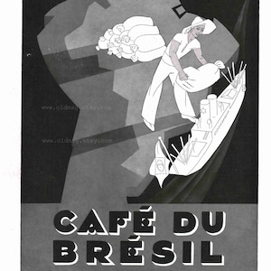 Cartel de café Cafe du Bresil, anuncio de revista francesa, cartel publicitario vintage de 1935, anuncio vintage original francés para enmarcar y decorar paredes.