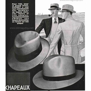 Cappelli Flechet / profumi Houbignat, manifesto pubblicitario d'epoca bifacciale, illustrazione originale di moda maschile, pubblicità su rivista francese del 1932.