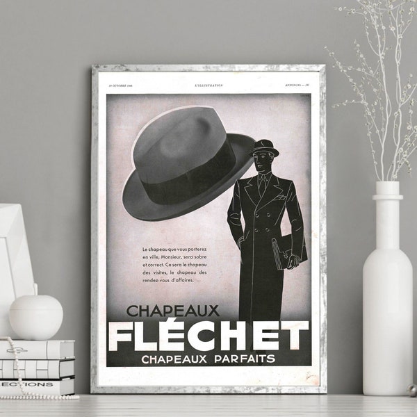 Flechet Hats vintage poster, men fashion illustration print, 1932 French magazine original art deco ad, Father's day gift, wall art poster