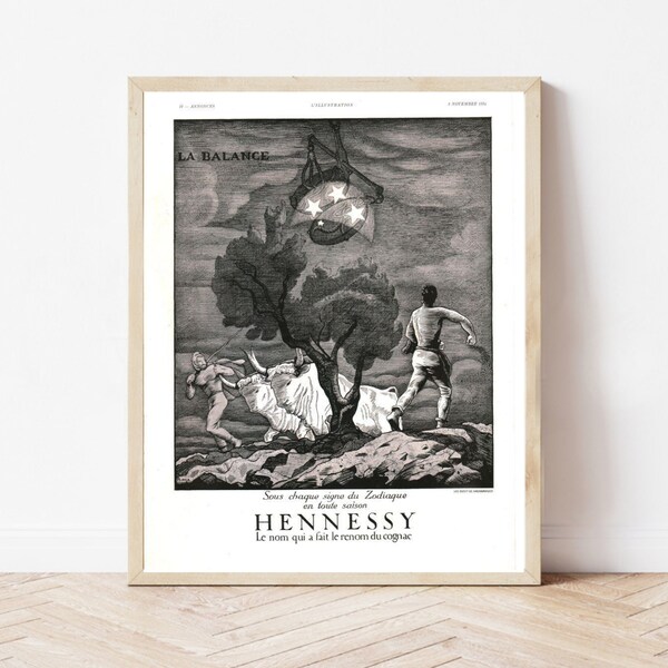 Cognac Hennessy Libra, 1934 French magazine ad, Zodiac sign series original tearsheet vintage poster. Wall art kitchen or bar decor.