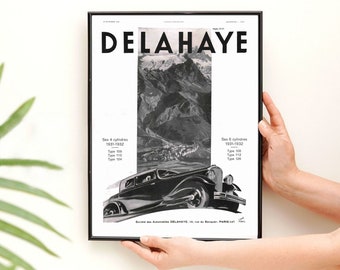 Delahaye car vintage ad print, 1931 French magazine tearsheet advertisement, automobile retro wall art poster to frame. Father's day gift.