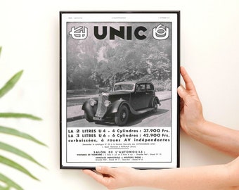 Unic automobiles vintage poster, 1934 French car, magazine tearsheet advertisement, car retro wall art decor. Father's day gift.