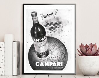 Campari vintage advertising poster, 1938 French magazine tearsheet ad, original drink illustration print. Man cave, bar decor, wall art.