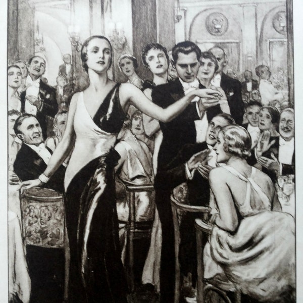French elegance and fashion poster by Jose Simont, old magazine ad, original art deco vintage illustration print, retro poster 1938, b/w ad