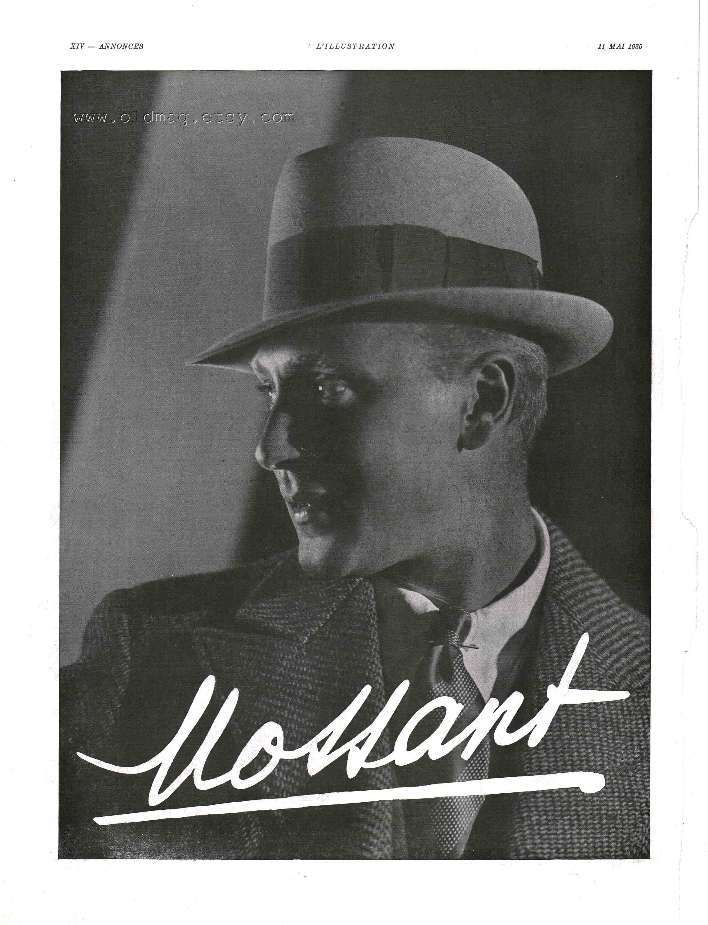 Mossant hats vintage illustration poster. 1935 luxury hats, men fashion magazine ad for wall decor. Elegant black & white father's day gift.