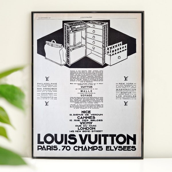 Louis Vuitton sacs et valises affiche vintage originale, 1927 Français publicité magazine, pub rétro wall art tearsheet pour l’encadrement et la décoration murale.