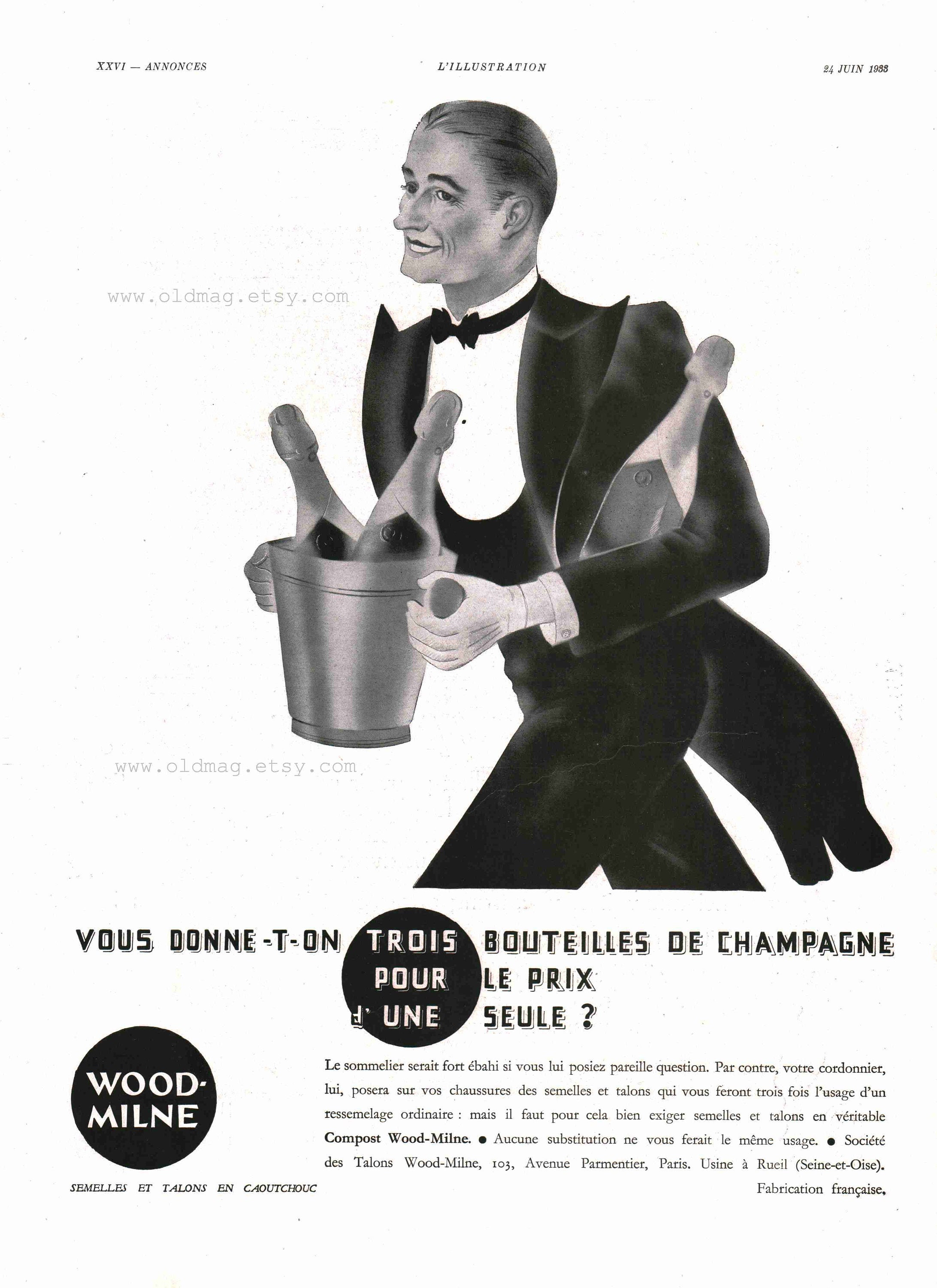 Champagne sommelier / Renault cars, double-sided vintage poster. 1933 French magazine retro ad for bar decor.