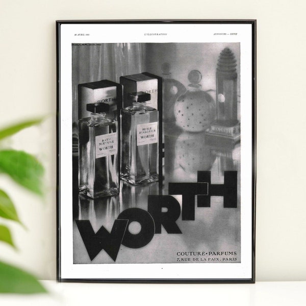 Worth couture perfumes vintage ad. French fragrance vintage poster. 1931 original magazine advertising, wall art illustration print.