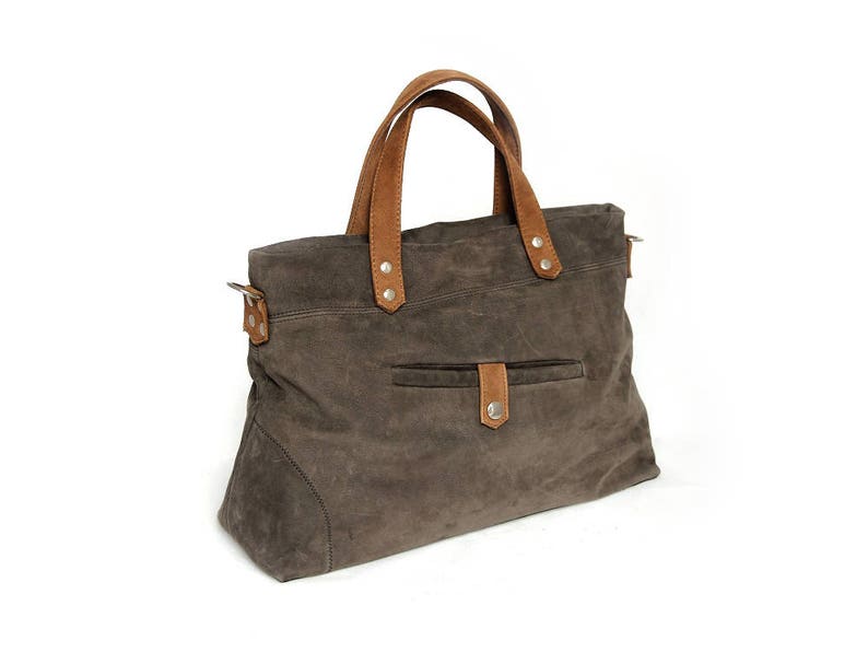 Handle bag made of nubuck leather in grey/brown, shoulder bag, with carrying strap, crossbody bag, satchel bag, leather, handbag, upcycling image 2