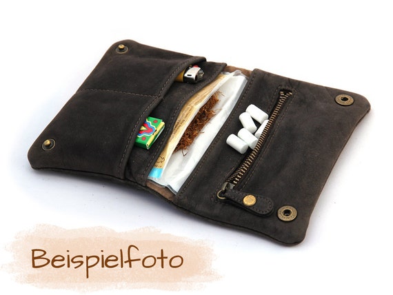 Tobacco case made of hand-soft nubuck leather in cognac, with zipped  compartment, tobacco pouch, rolling tool pouch