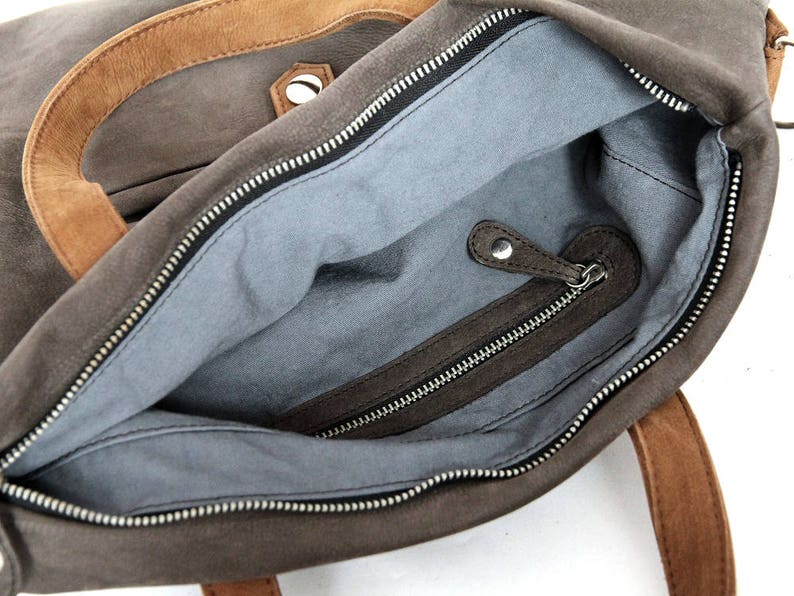 Handle bag made of nubuck leather in grey/brown, shoulder bag, with carrying strap, crossbody bag, satchel bag, leather, handbag, upcycling image 5