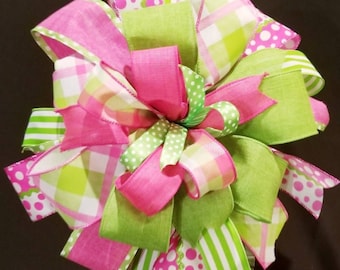 Spring/Summer Pink and Green Bow, Front Porch Decor, Lantern Decor, Mailbox Bow,  Wreath Bow,