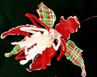 Poinsettia Spray, Red, White and Green Plaid Poinsettia, Christmas Spray, Poinsettia Pick, Holiday Spray