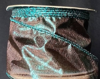 2.5" x 10 yards Sheer Chocolate with Turquoise edge Wired Ribbon for Crafts, Bows, and DIY Projects