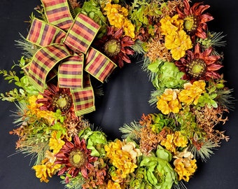 Thanksgiving Wreath, Fall Wreath, Sunflower Wreath, Home Decor, Gift, Door Wreath, Peony Wreath, Large Designer Bow, Front Door Wreath