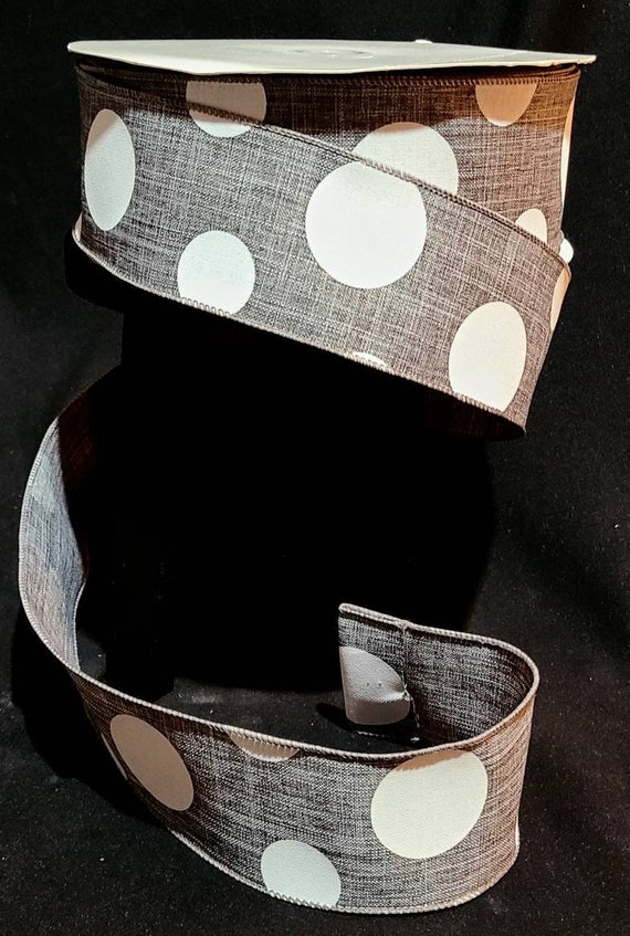 Ribbon, Gray With Large White Polka Dots Wired Ribbon, 50 Yards 