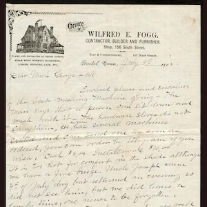 1903 Membrete Wilfred Fogg, contratista, constructor, juguetes, confecciones, Bristol Connecticut