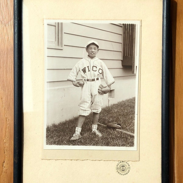1920s Framed Photo, Japanese Boy Ready for Baseball Game, Japanese American Utasaki Family
