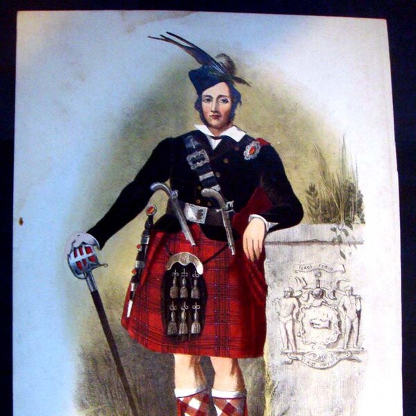 19th C. Color Lithograph Scottish Highland Warrior of the Chisholm Clan