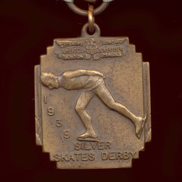 1939 Ice Skating Medal,  Silver Skates Derby sponsored Evening Sunday American Advertiser Boston