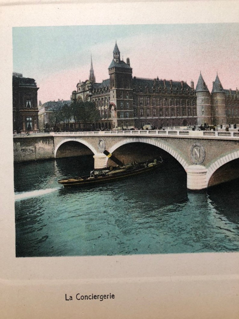 1900 Color Print The Concierge C Seine River Boats Paris France Pedestrians on Bridge