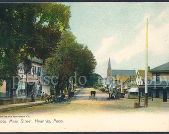 1905 Rotograph Postkarte, Street Scene, Shops along Main Street Hyannis, Massachusetts