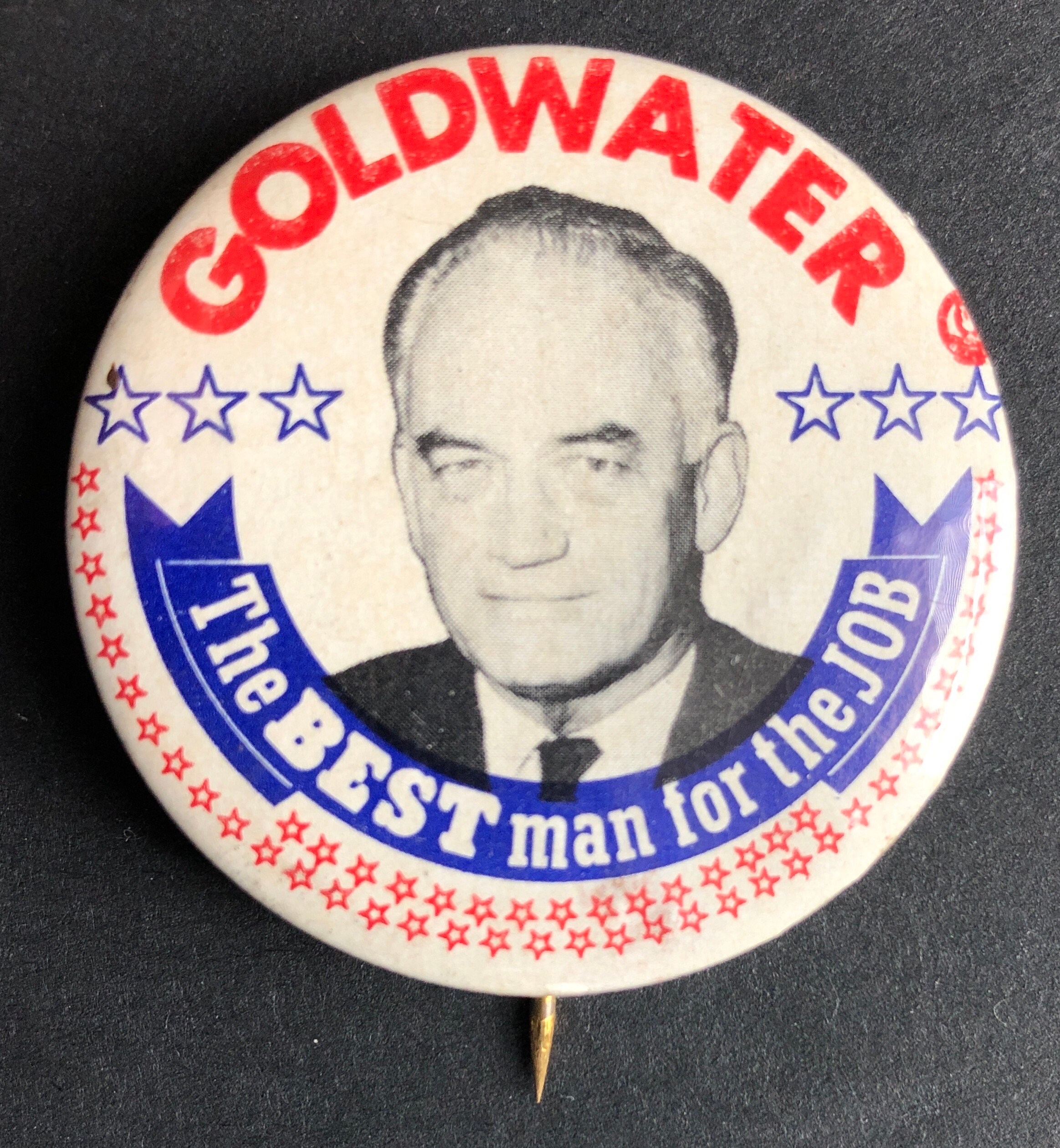 1964 Pinback knop, rode letter, Goldwater, de beste man voor de baan 1 3/4"