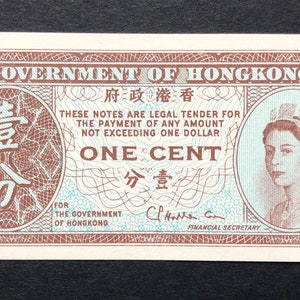 Paar C. 1965 Regierung von Hongkong China, One Cent Bank Note