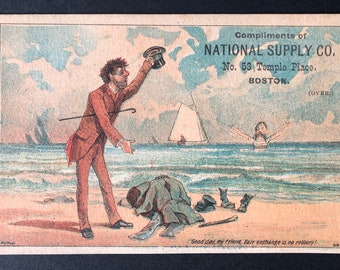 1875 Trade Card, Irish Man swaps clothing with Bostonian, National Supply Co. Boston