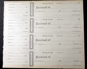 C. 1880 Civil War Veterans GAR of Haverhill Massachusetts Sheet of Dues Paid Receipts