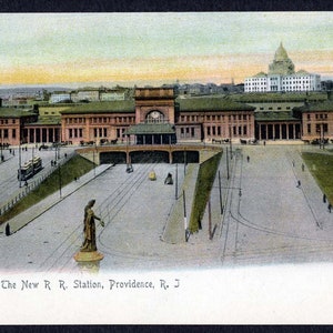 1907 Carte postale Rotograph, Chariots, Street Scener, New Railroad Station of Providence Rhode Island