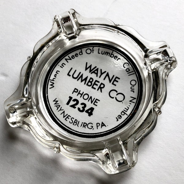 1930s Advertising Glass Ash Tray, Wayne Lumber Company, Waynesburg Pennsylvania