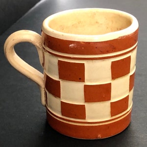 Antique Checkerboard Mochaware Mug, Deep Orange and Cream Colored