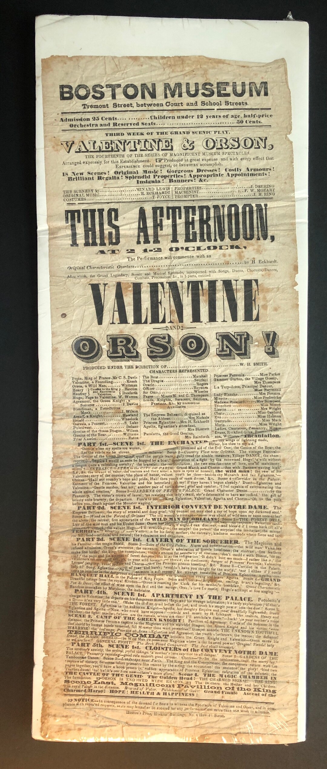 C. 1855 Boston Museum Broadside, Theatrical Production of Valentine ...
