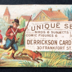 1875 Trade Card, Ragazzo vestito da soldato che gioca con gli animali, Derrickson Card Works, New York