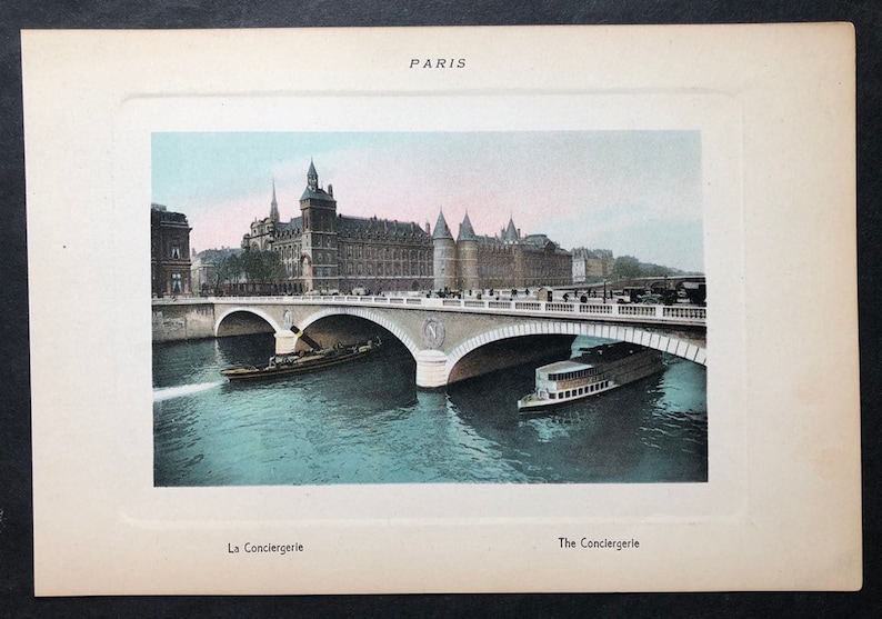 1900 Color Print The Concierge C Seine River Boats Paris France Pedestrians on Bridge