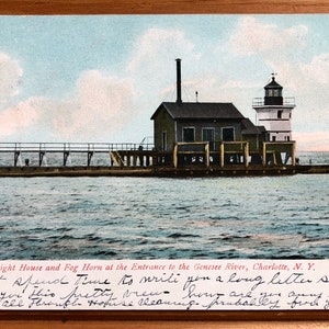 C. 1908 Cartolina, faro e sirena da nebbia Genesee River, Charlotte New York