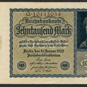 German 1922 Reichsbanknote 10,000 Marks Small Variety, Uncirculated Currency Note
